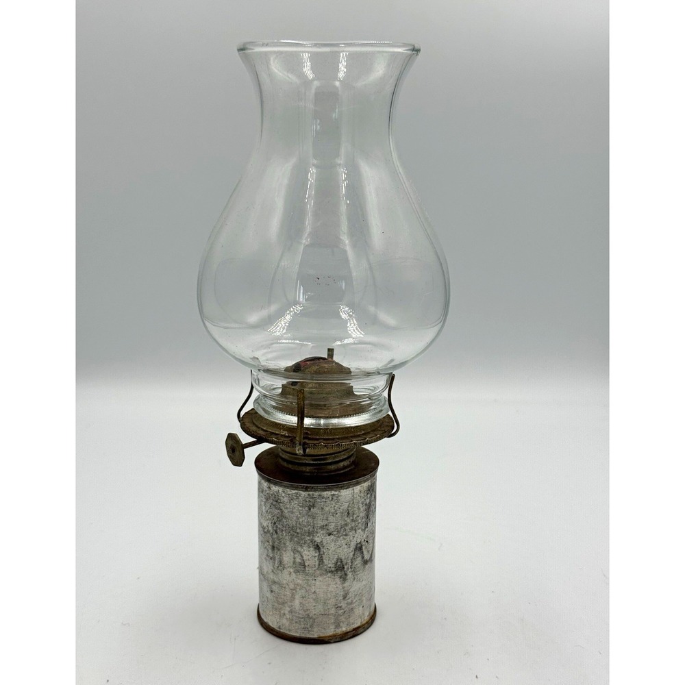 Clear Glass Hurricane Oil Lamp w/ Chimney Silver Metal Base Knob Control 10 in